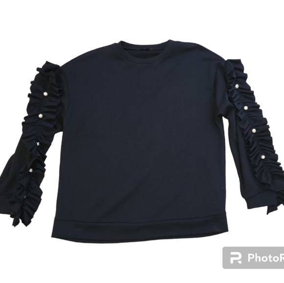 RolyPoly Black Drop Sleeve Ruffled Top With Gold Buttons Size S - Picture 4 of 9